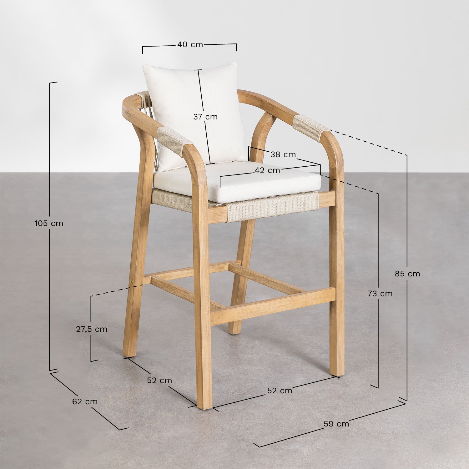 Rectangular high table set 160x90 cm and 4 high garden stools in acacia wood Dubai, medidas