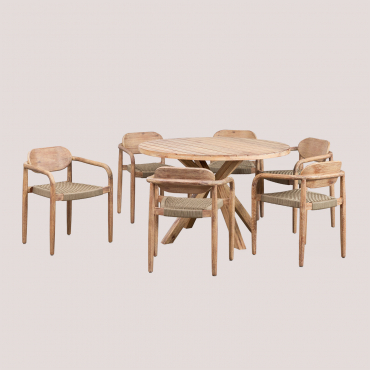 Round Table Set (ø120 Cm) And 6 Dining Chairs With Armrests In Naele Wood Brown Wheat - Sklum