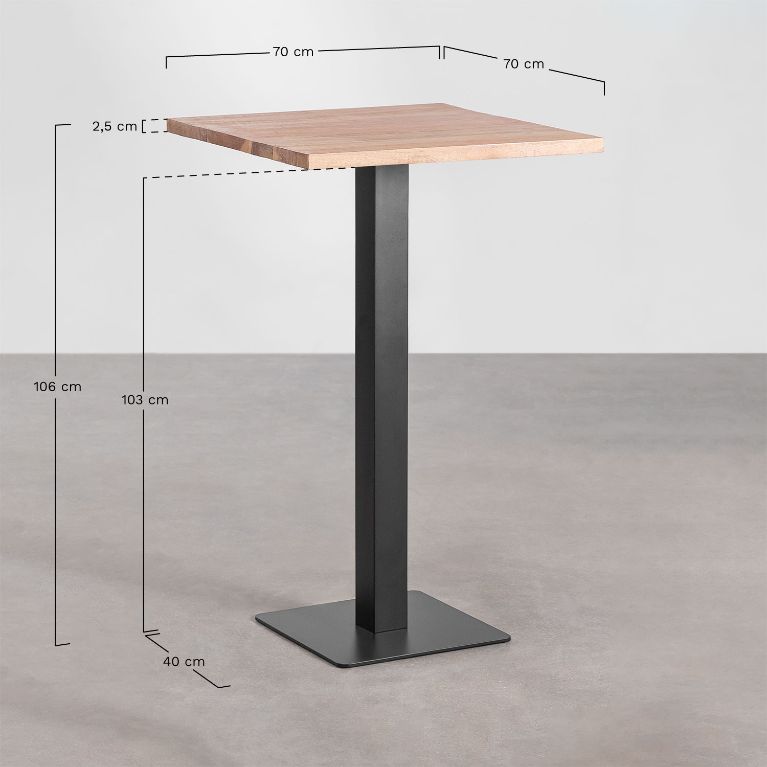 High square bar table in acacia wood Ristretto, medidas