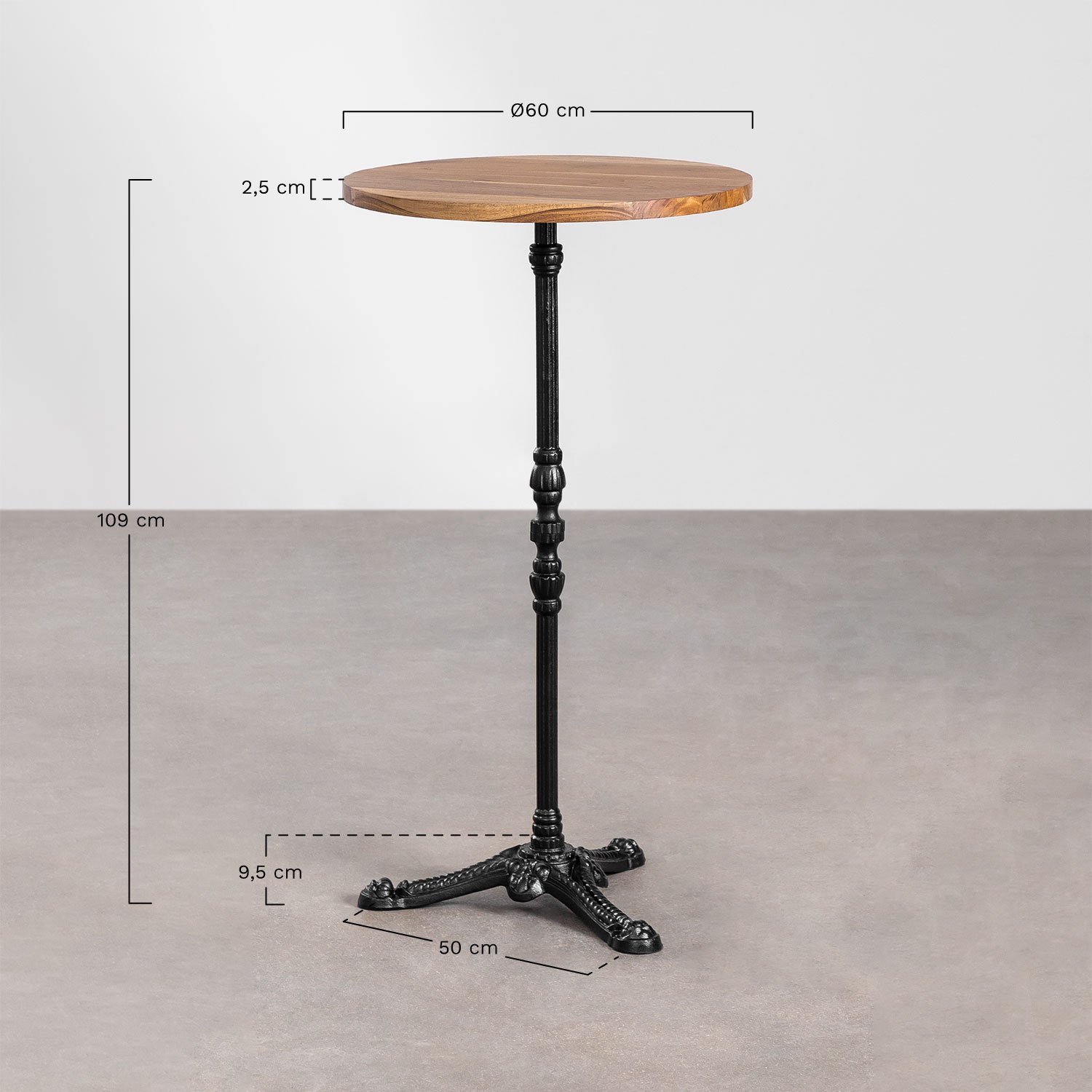 Azteca round high bar table in acacia wood, medidas