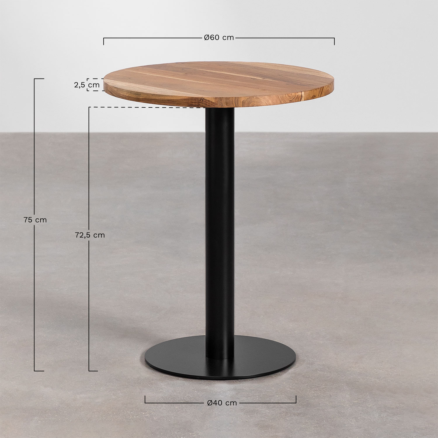 Round Acacia Wood Bar Table Macchiato, medidas