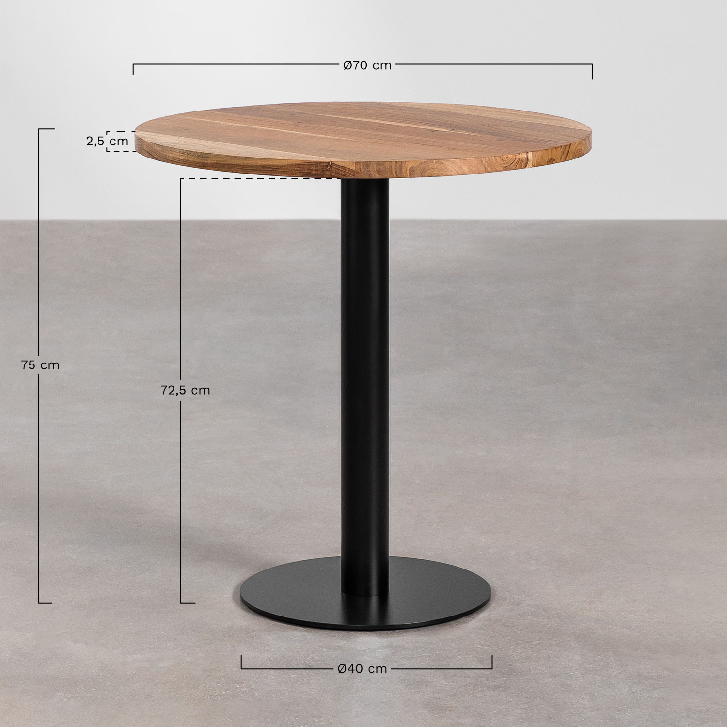 Round Acacia Wood Bar Table Macchiato, medidas