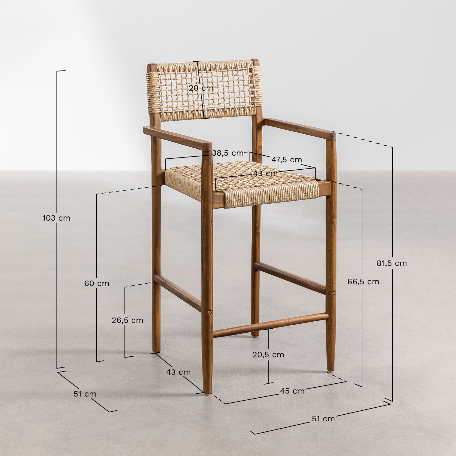  Teak Wood High Stool (66.5 cm) Orebro, medidas