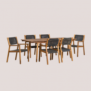 Rectangular Dining Table Set 160-210x90 Cm Extendable And 6 Dining Chairs With Armrests In Tenay Acacia Wood Grey Graphite - Sklum