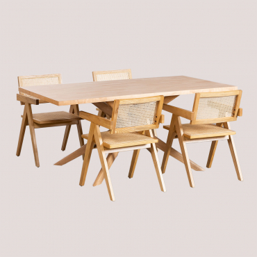 Rectangular Dining Table Set (180x90 Cm) Arnaiz And 4 Chairs With Armrests In Fresno Wood And Rattan Lali Style Natural Wood - Sklum