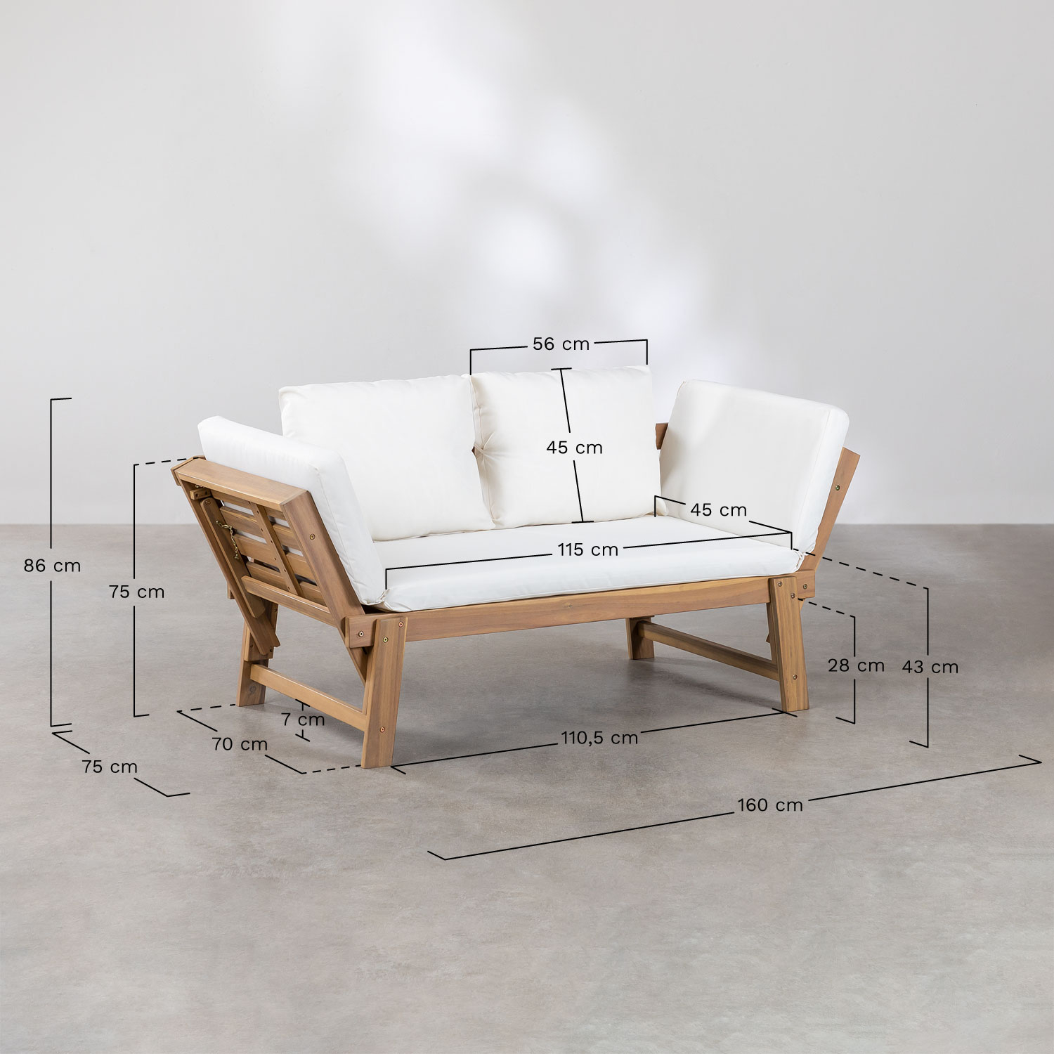 Adjustable 3-seater garden sofa in acacia wood Guille, medidas