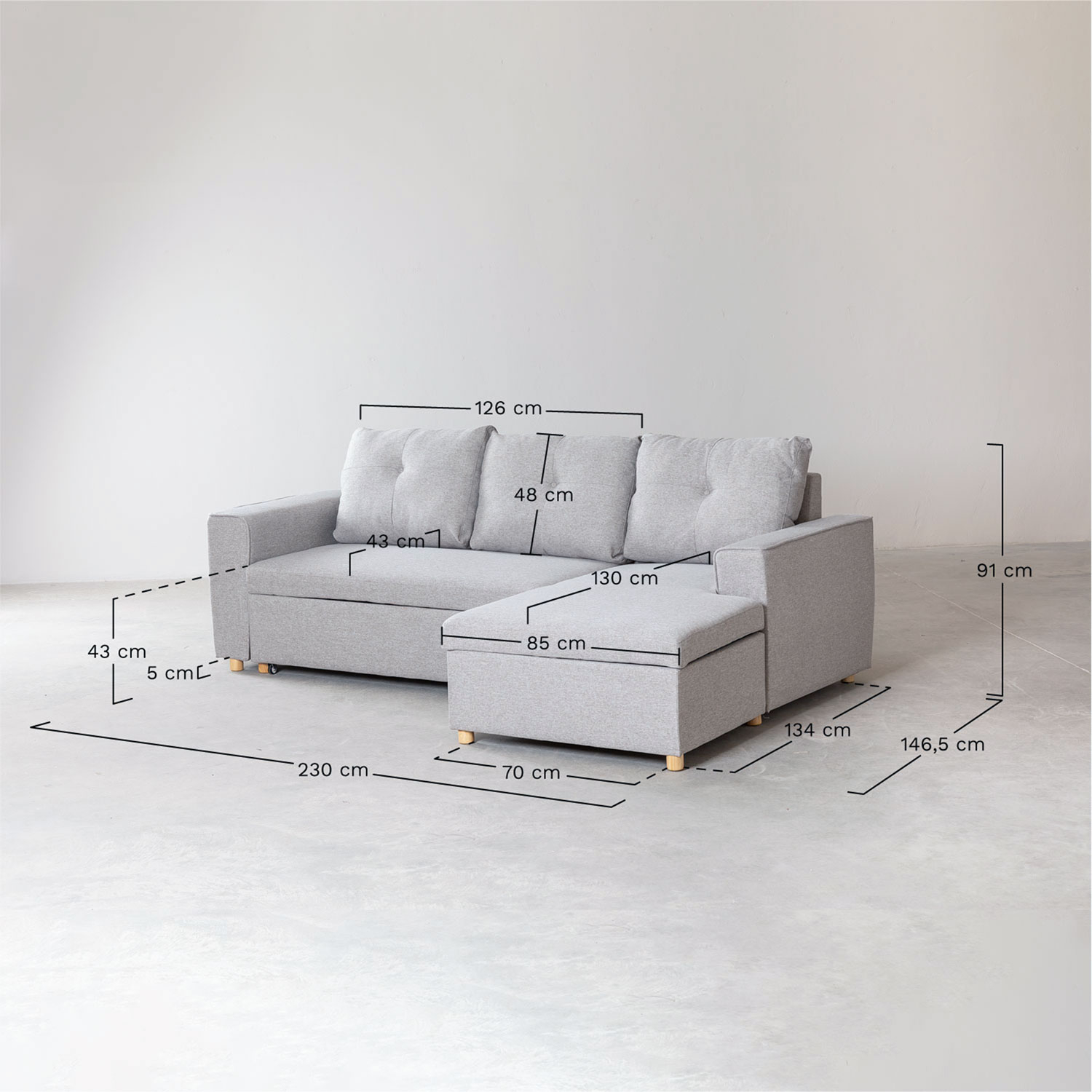 3 Seater Fabric Sofa Bed Chaise Longue Calvin SKLUM