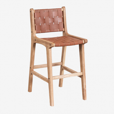 High Stool 60 Cm In Wood And Leather Zaid Nude Brown - Sklum