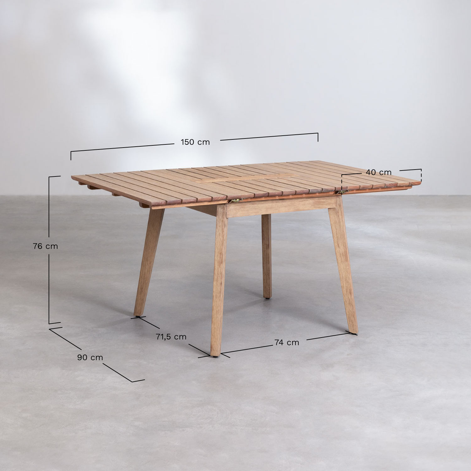 Extendable wooden table set Naele (90-150x90 cm) and 4 dining chairs Barker , medidas