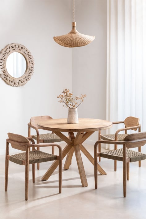 Round table set Ø100 cm and 4 dining chairs with armrests in eucalyptus wood Naele
