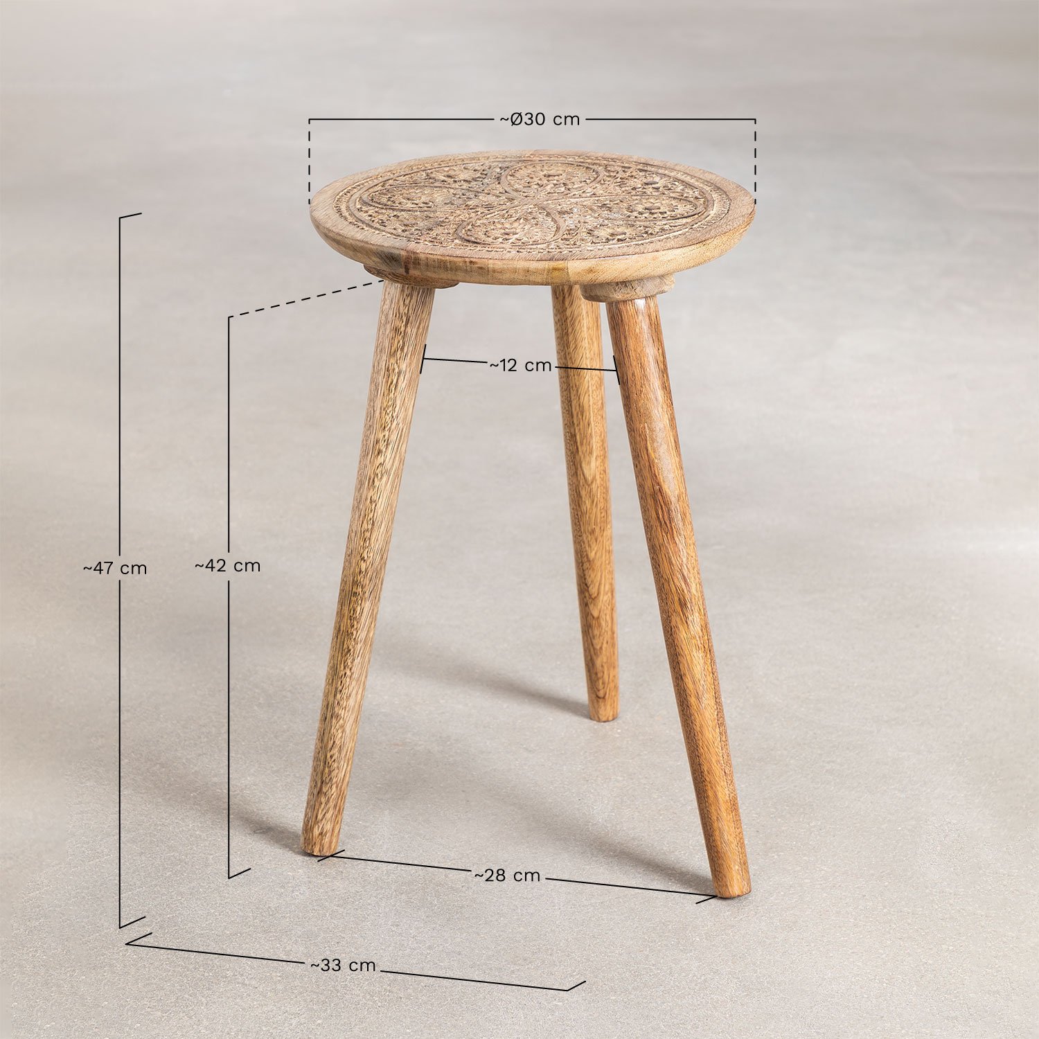 Round Side Table in Mango Wood (Ø30 cm) Nanup, medidas
