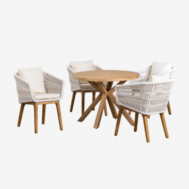 Round Table Set Ø100 Cm In Naele Wood And 4 Barker Acacia Wood Dining Chairs Gardenia White - Sklum