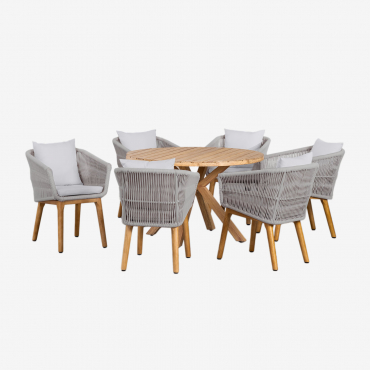 Round Wooden Table Naele Set(ø120 Cm) And 6 Barker Garden Chairs Glaciar Grey - Sklum