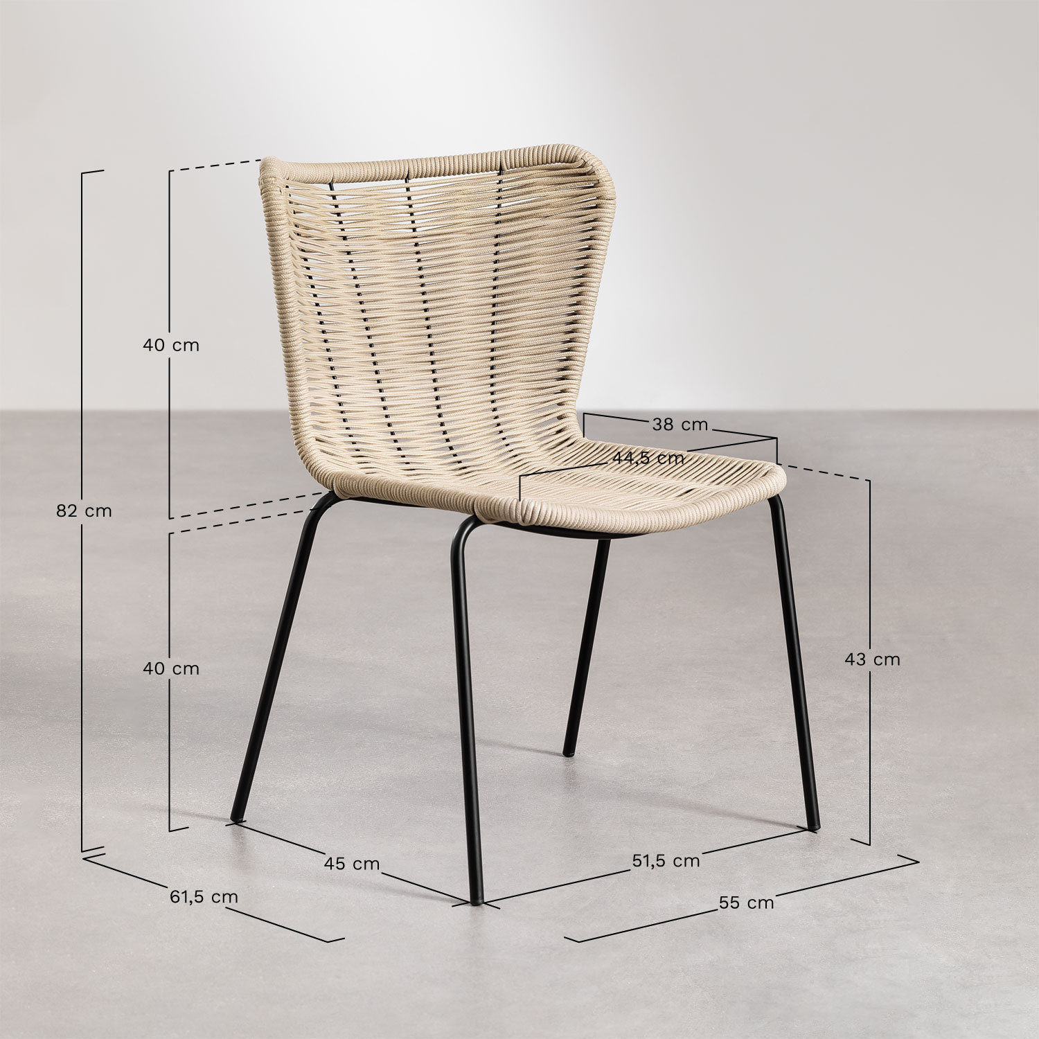 Stackable dining chair in iron and braided rope Keiller, medidas