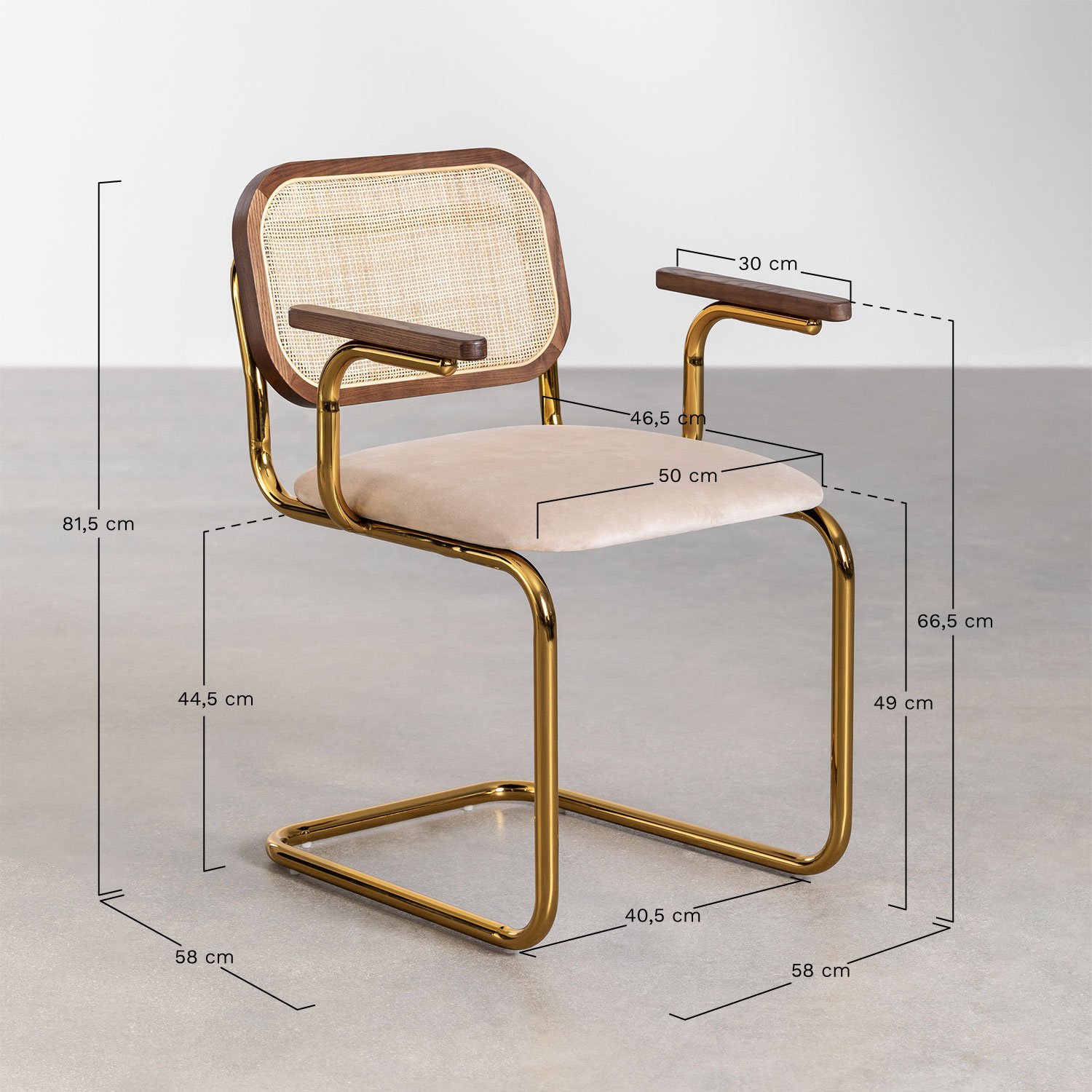 Tento Gold Vintage rattan dining chair with armrests, medidas