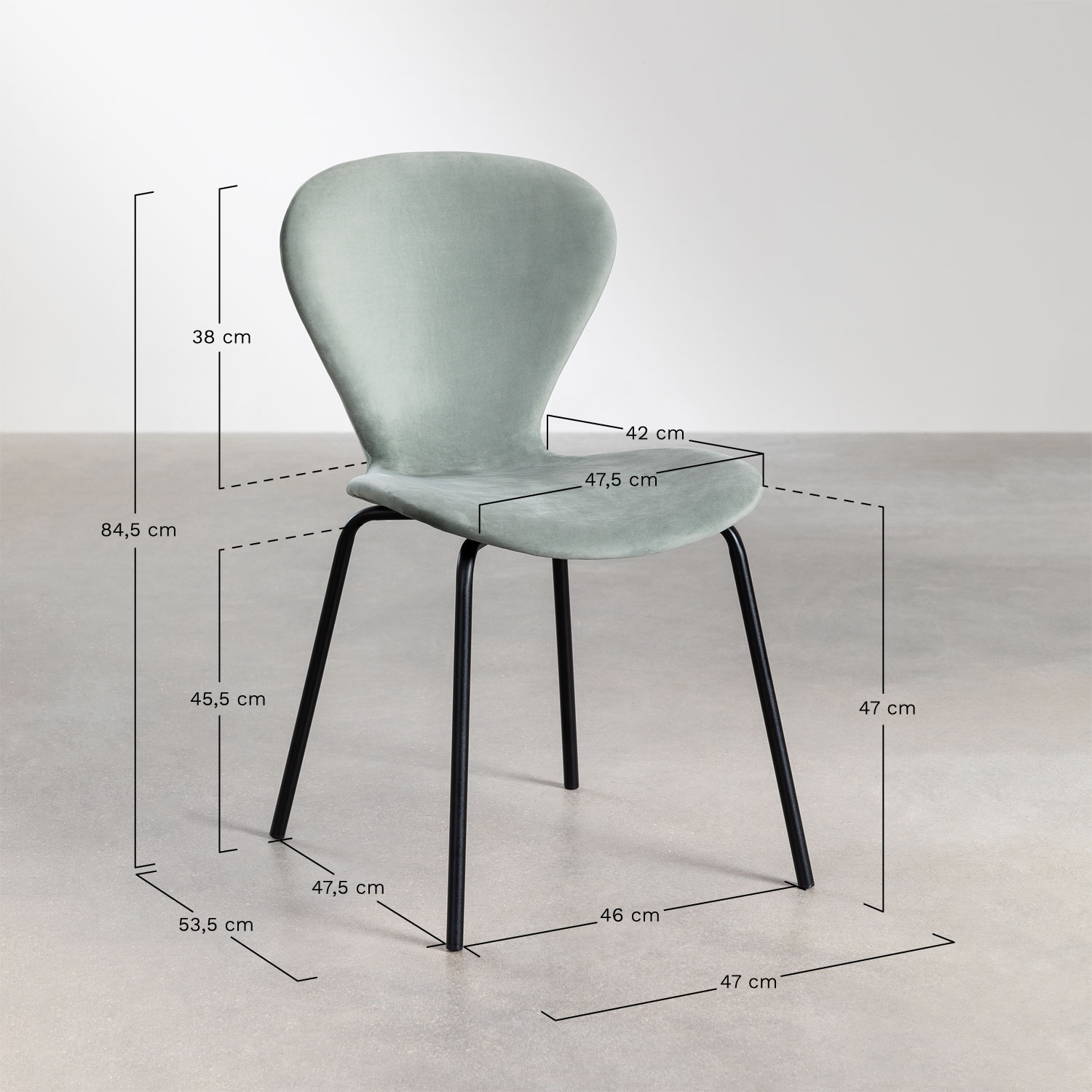 Uit pack of 2 stackable velvet dining chairs, medidas