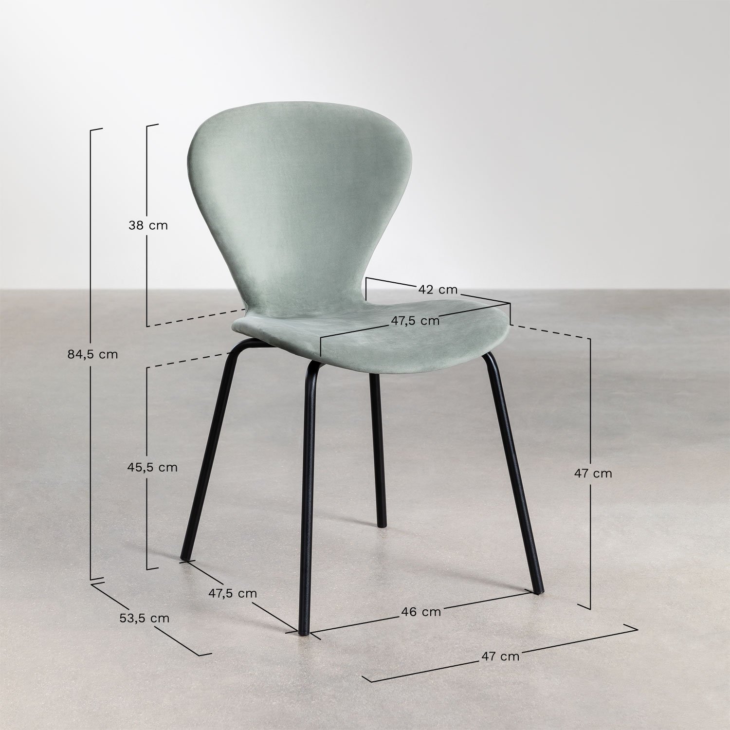 Uit pack of 4 stackable velvet dining chairs, medidas