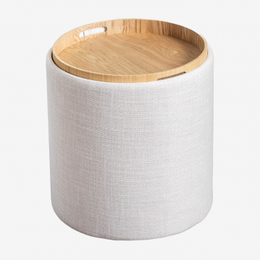 Round Side Table With Tray And Storage Upholstered Ø40 Cm Berkeleni Linen Beige Cream - Sklum