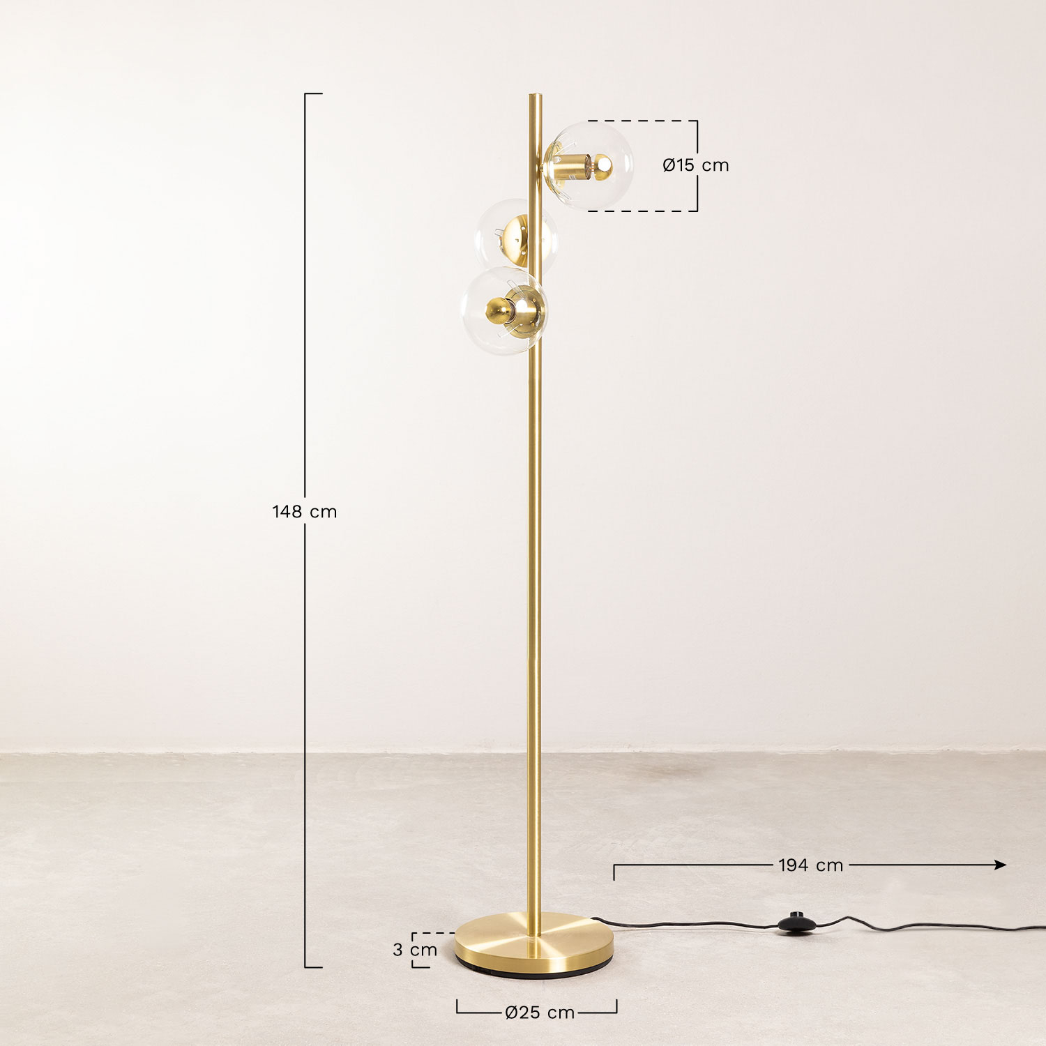 Metal floor lamp with 3 Banbi glass balls, medidas
