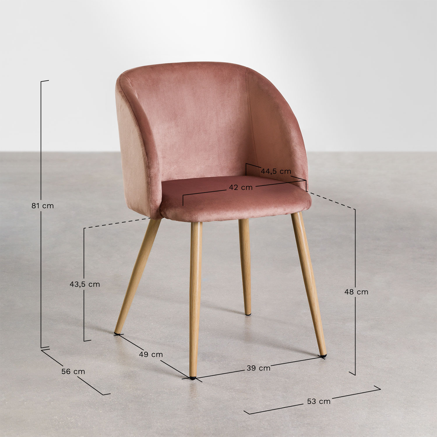 Kana velvet dining chair with armrests, medidas