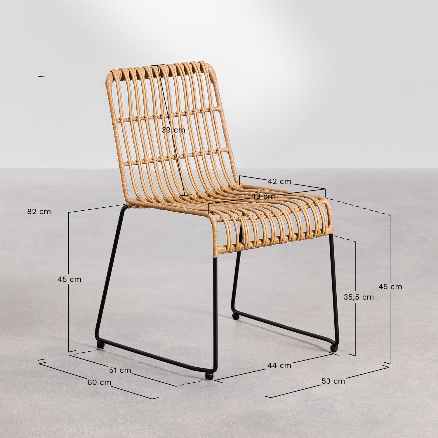 Set of Rectangular Synthetic Wicker Table (180x90 cm) Leribert and 6 Synthetic Rattan Dining Chairs Aroa , medidas