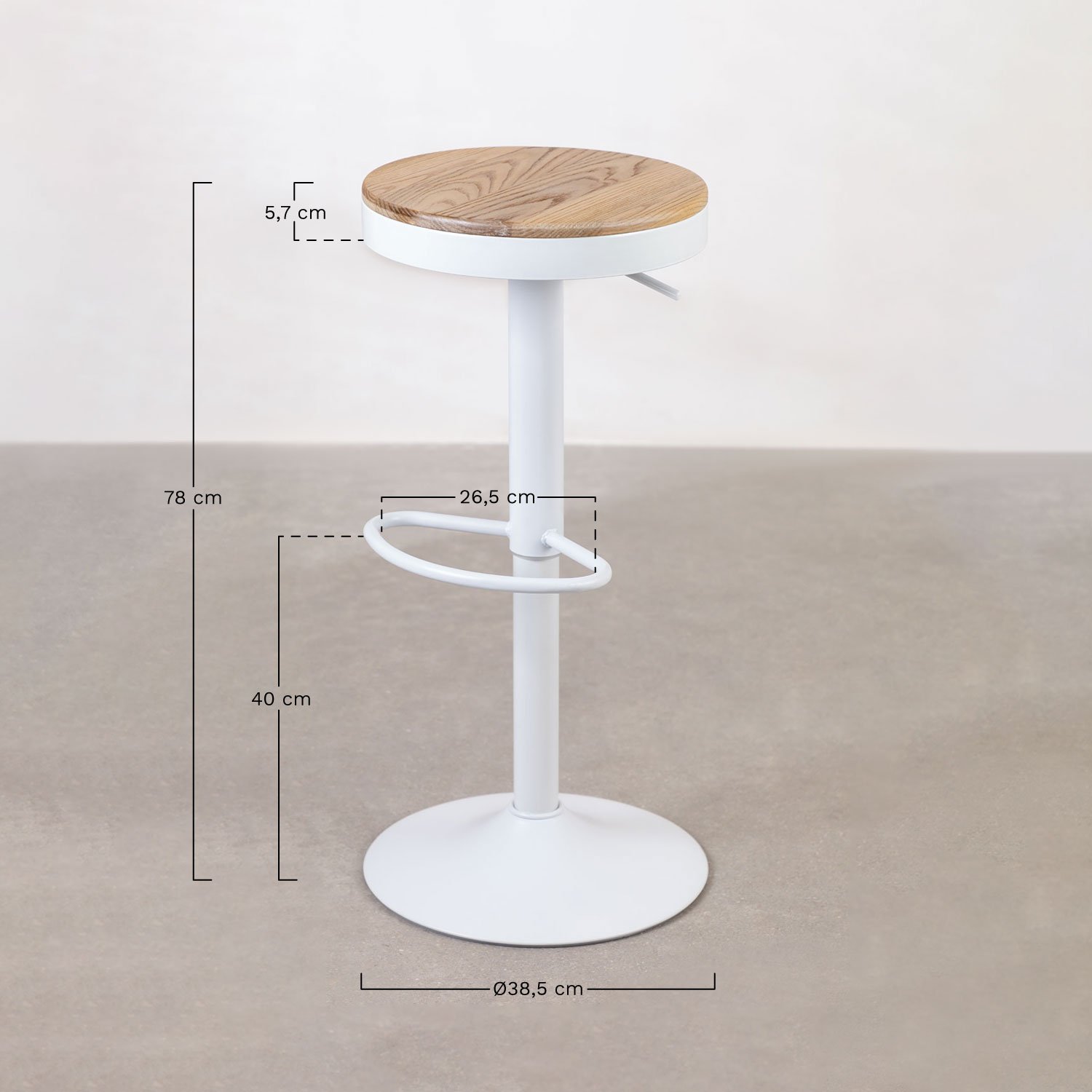 Bardder Adjustable High Stool in Steel and Elm Wood, medidas
