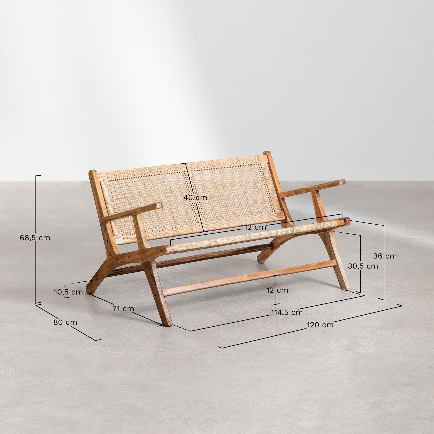 120 cm bench in Catua teak wood, medidas