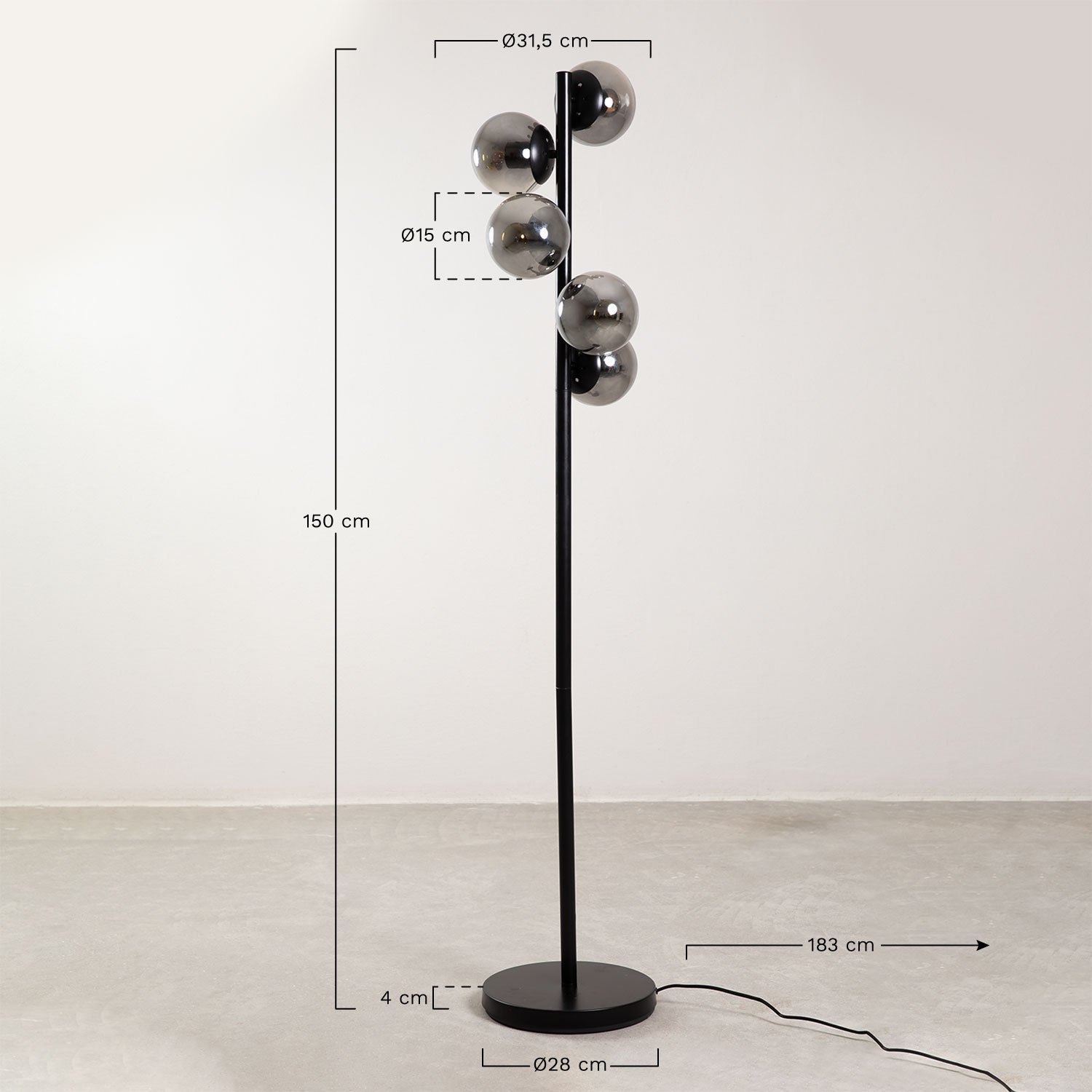 Iron floor lamp with bubble glass balls, medidas