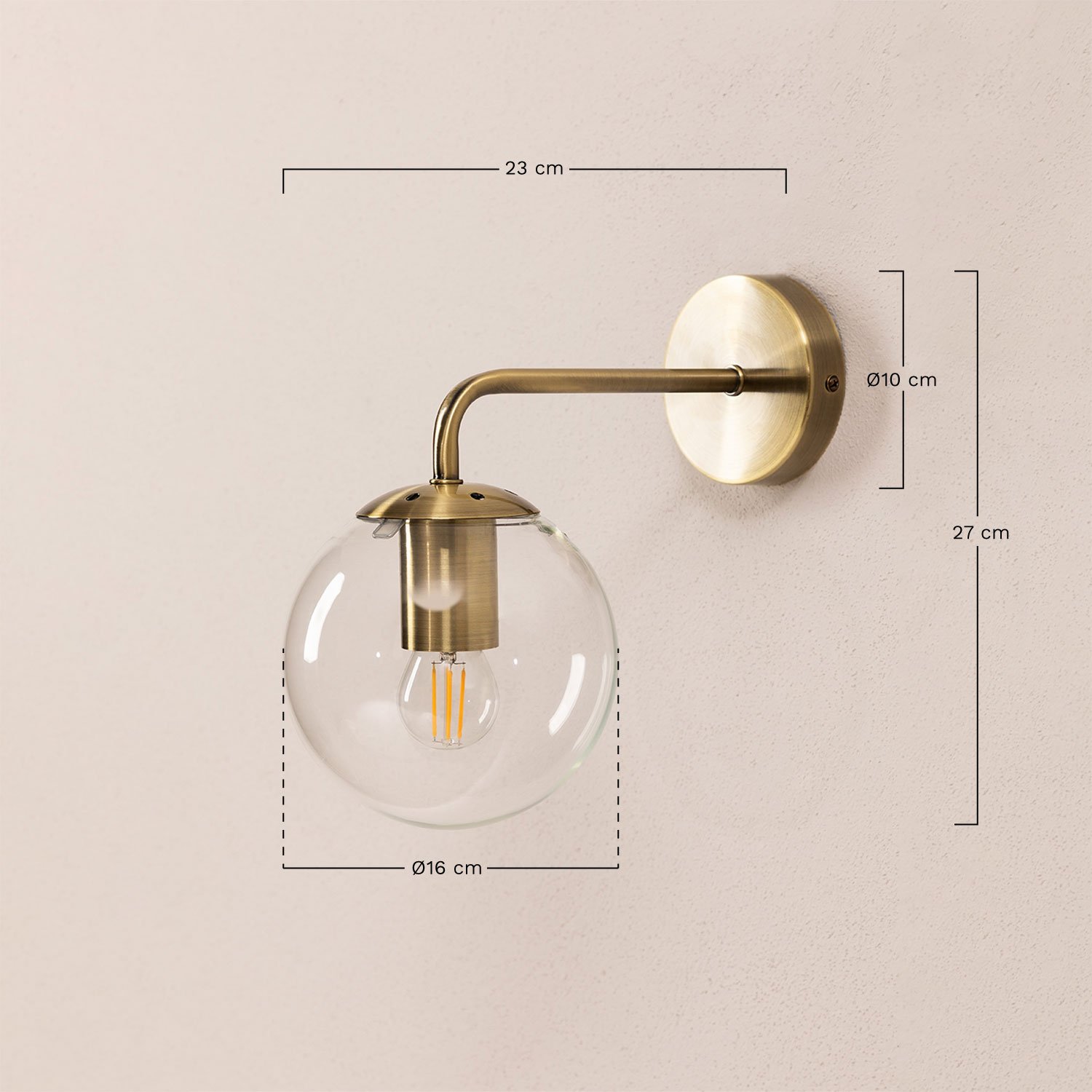 Boyi metal wall lamp with crystal ball, medidas