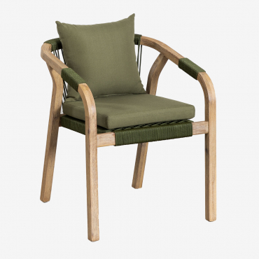 Pack Of 4 Dining Chairs With Armrests In Acacia Wood Dubai Rustic Acacia Brown & Fabric Army Green - Sklum
