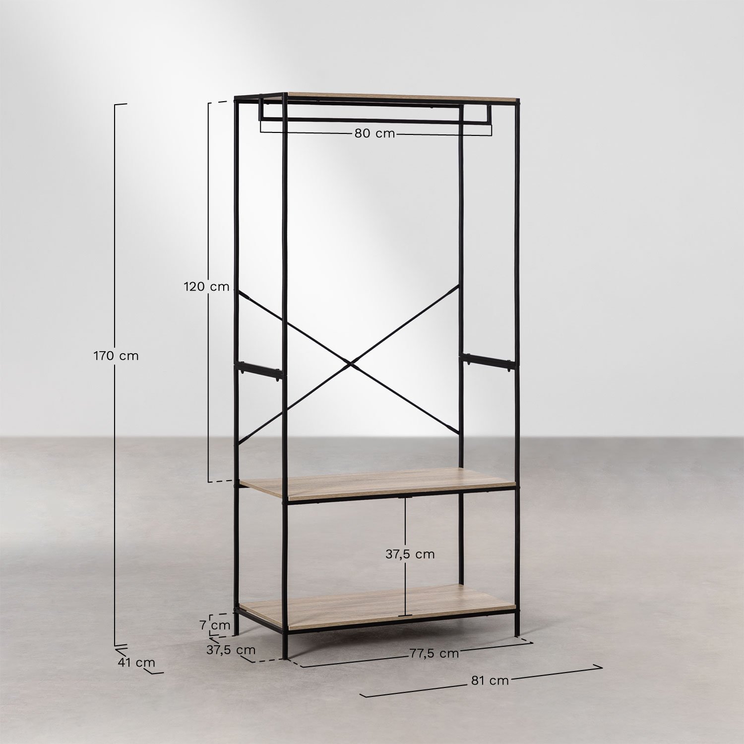 Open cabinet with shelves in wood and metal Baxter, medidas