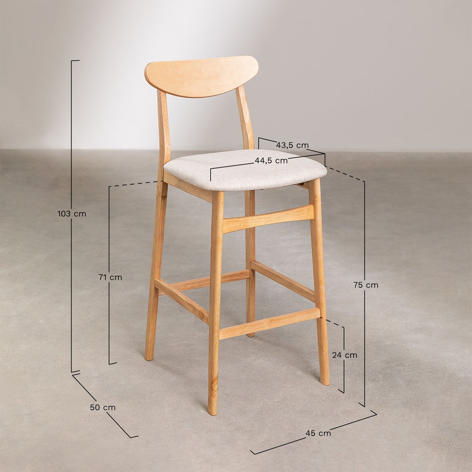 Cloda high stool in fabric and wood, medidas