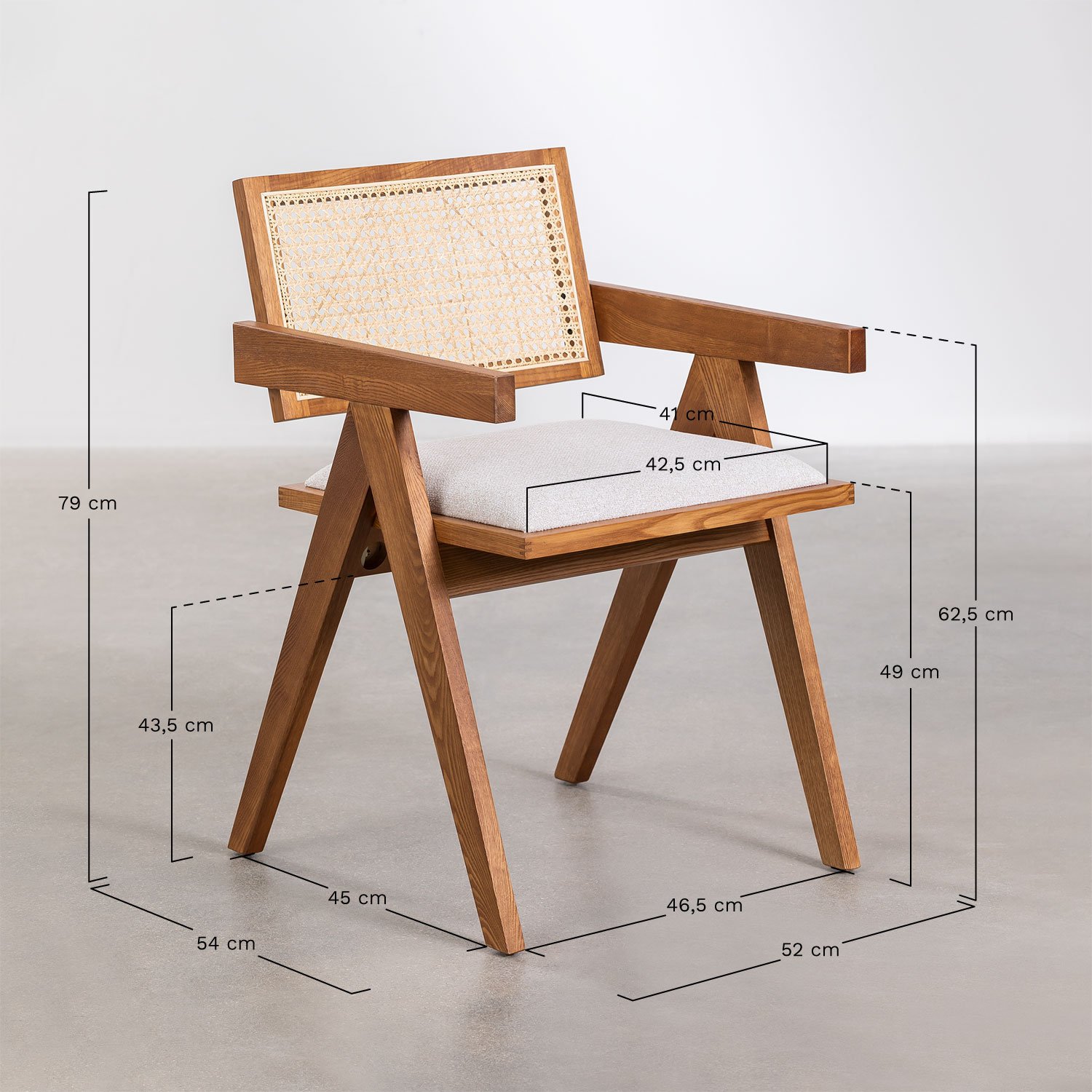 Ash wood dining chair upholstered with armrests Lali, medidas