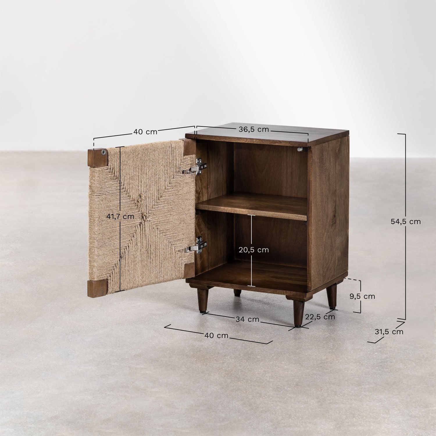 Evans mango wood and jute bedside table, medidas