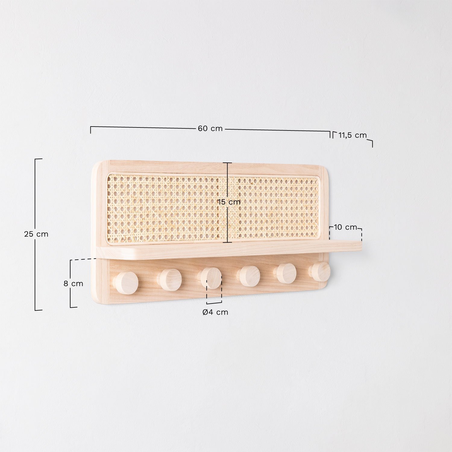 Rattan Wall Coat Rack with Shelf Riley , medidas