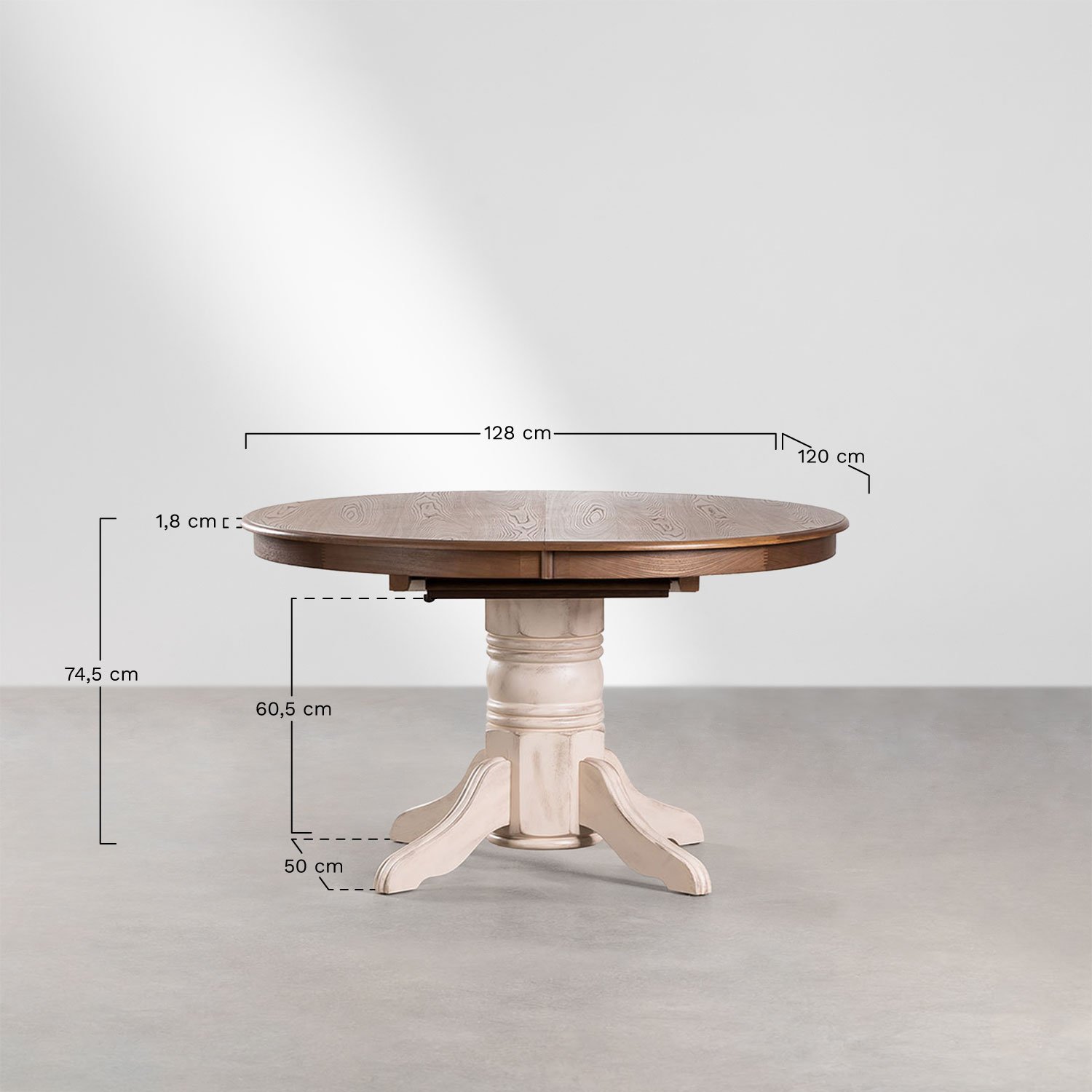 Oval Wooden Extendable Dining Table (128-178x120 cm) EKTRA, medidas