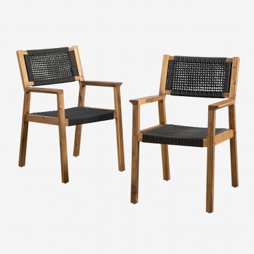 Dining Chair With Armrests In Acacia Wood And Braided Rope Tenay Square Grey Graphite - Sklum