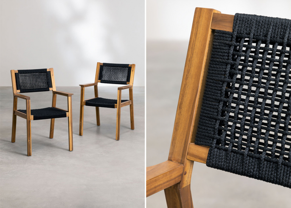 Dining chair with armrests in acacia wood and braided rope Tenay Square