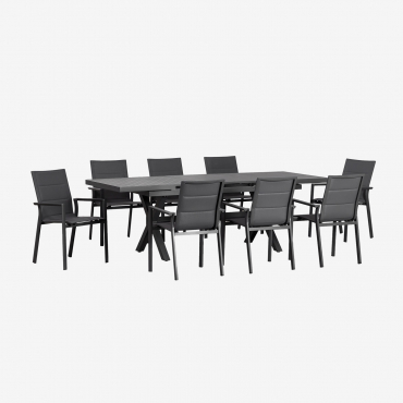 Extendable Rectangular Table Set 180-240x90 Cm And 8 Stackable Garden Chairs With Armrests In Aluminium Karena Grey Graphite - Sklum