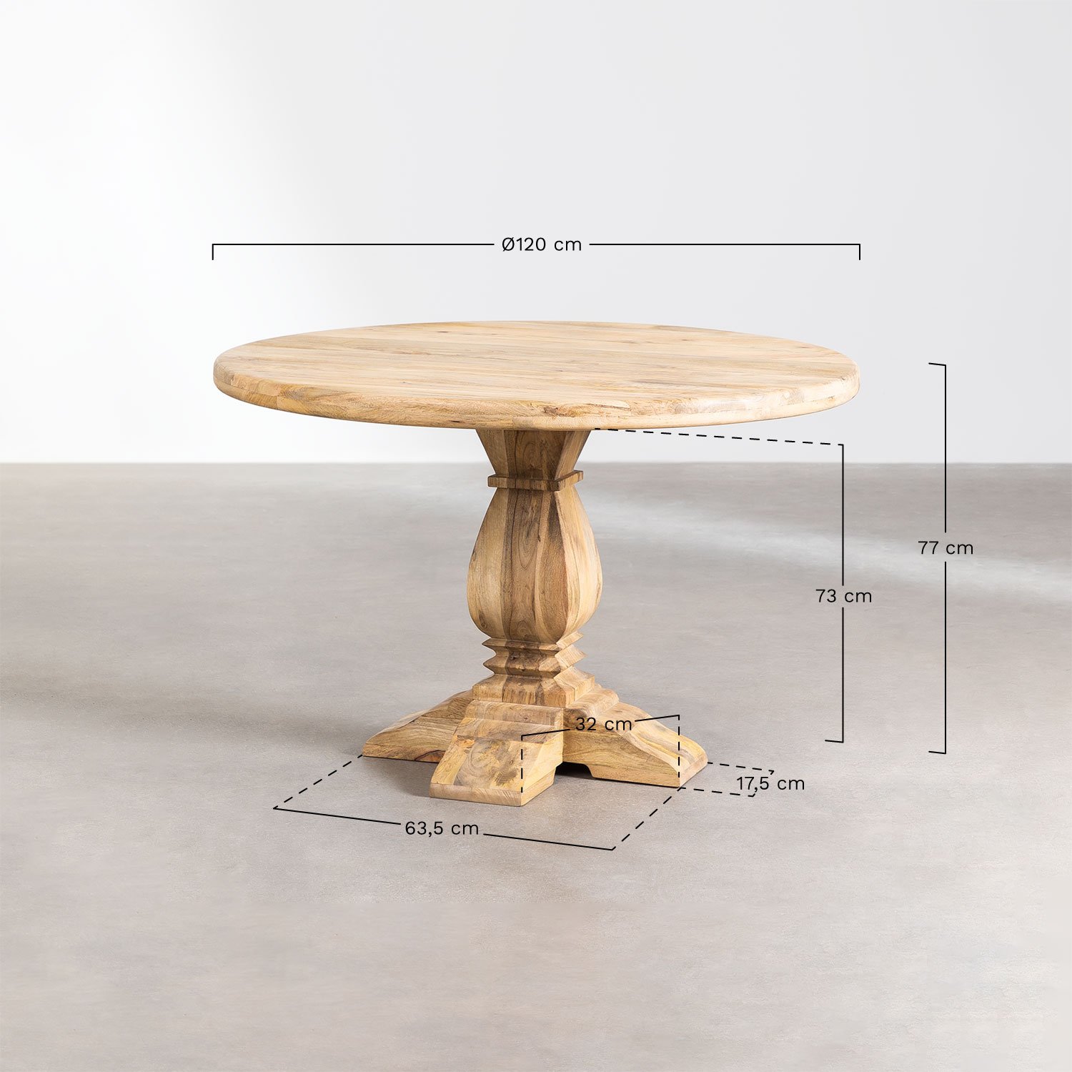 Round Mango Wood Dining Table Rusbby, medidas