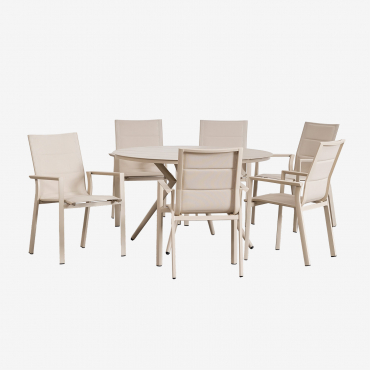 Valerie Ø125 Cm Round Table Set And 6 Stackable Karena Aluminum Garden Chairs Tapioca Beige - Sklum