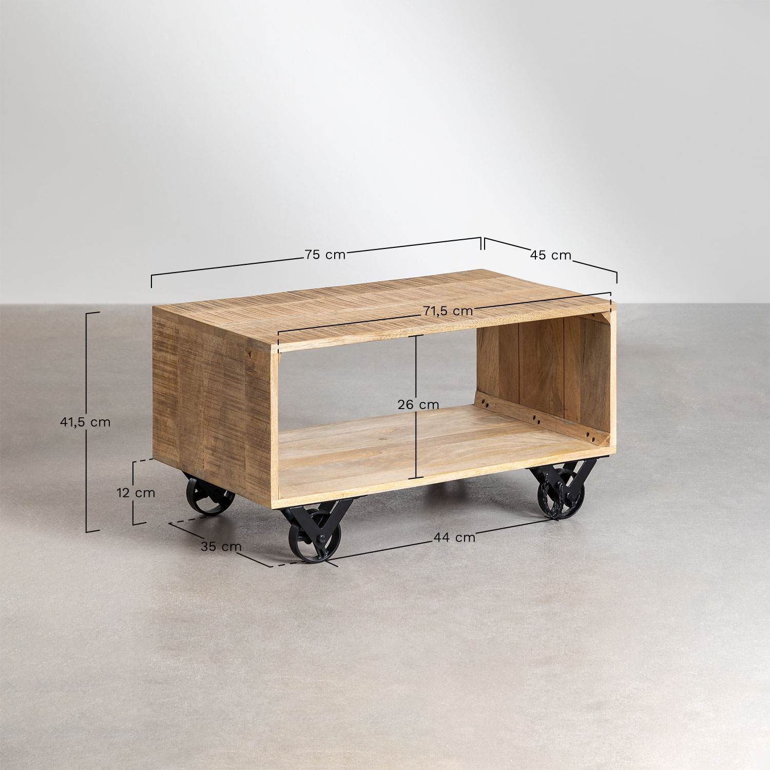 Mango Wood Coffee Table with Olson Wheels , medidas