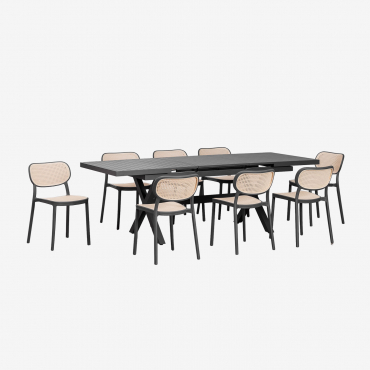 Karena Extendable Rectangular Table Set 180-240x90 Cm In Aluminum And 8 Omara Garden Chairs In Polypropylene Grey Graphite - Sklum