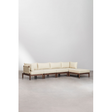 4 Piece Modular Garden Sofa With 2 Corner Armchairs And Puff In Acacia Wood Giulia Beige Cream - Sklum