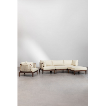 3-piece Modular Sofa Garden Set With 2 Corner Armchairs, Pouf, And Armchair In Acacia Giulia Beige Cream - Sklum