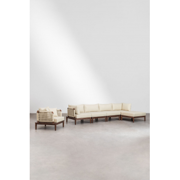 4-piece Modular Garden Sofa Set With 2 Corner Chairs, Pouf And Armchair In Giulia Acacia Wood Beige Cream - Sklum