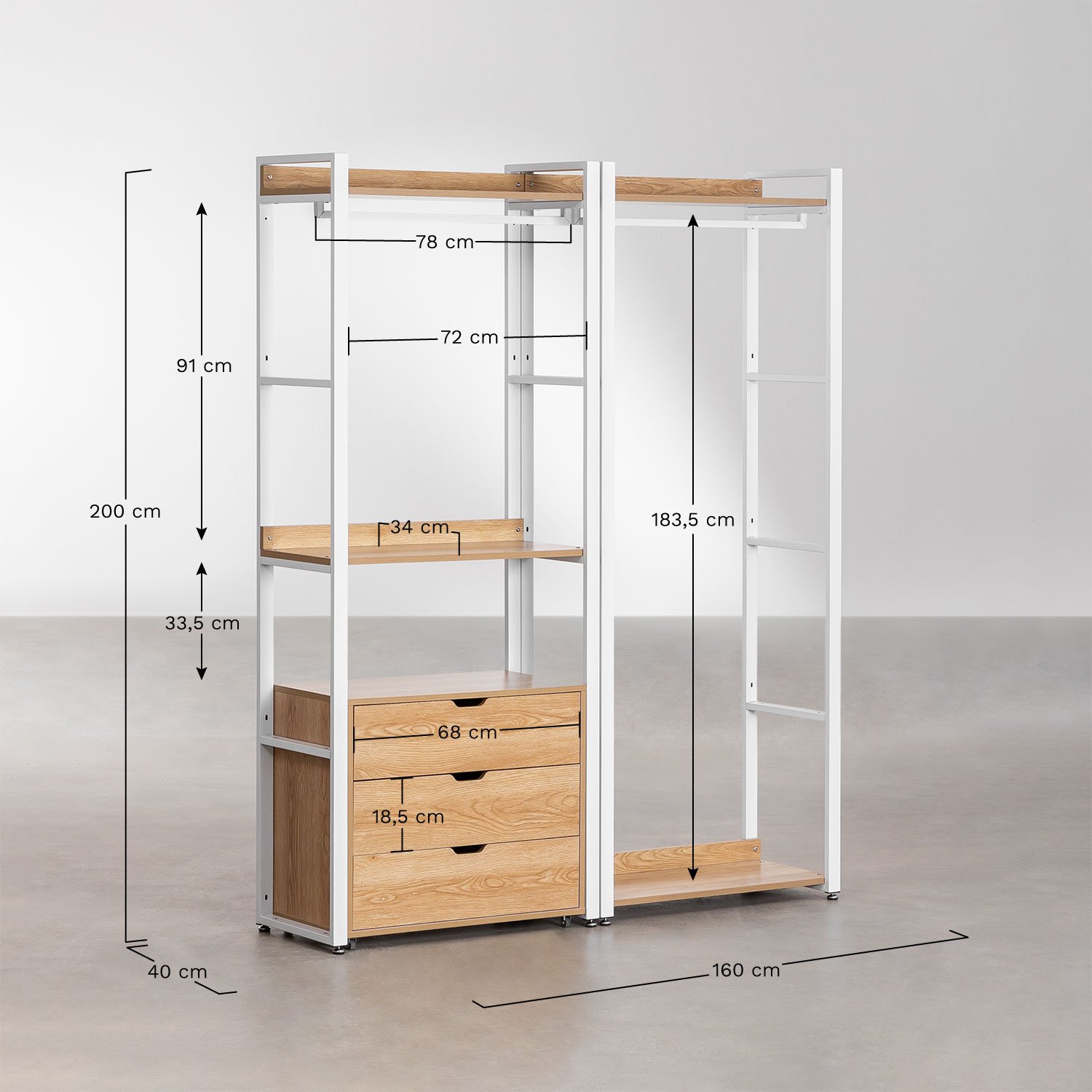 2-piece open modular wardrobe with steel and wood hanger rail and drawers Ariaster, medidas