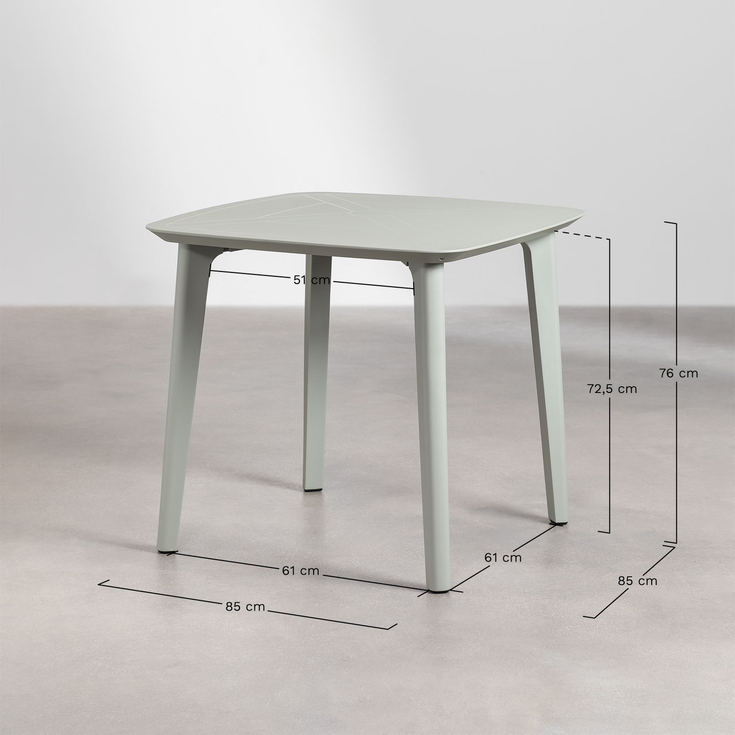 Set of Square Table in Polyethylene (85x85 cm) Scand and 4 Stackable Garden Chairs Mizzi, medidas