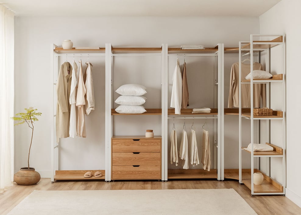 5-piece open corner modular wardrobe in steel and MDF Ariaster - NATURAL