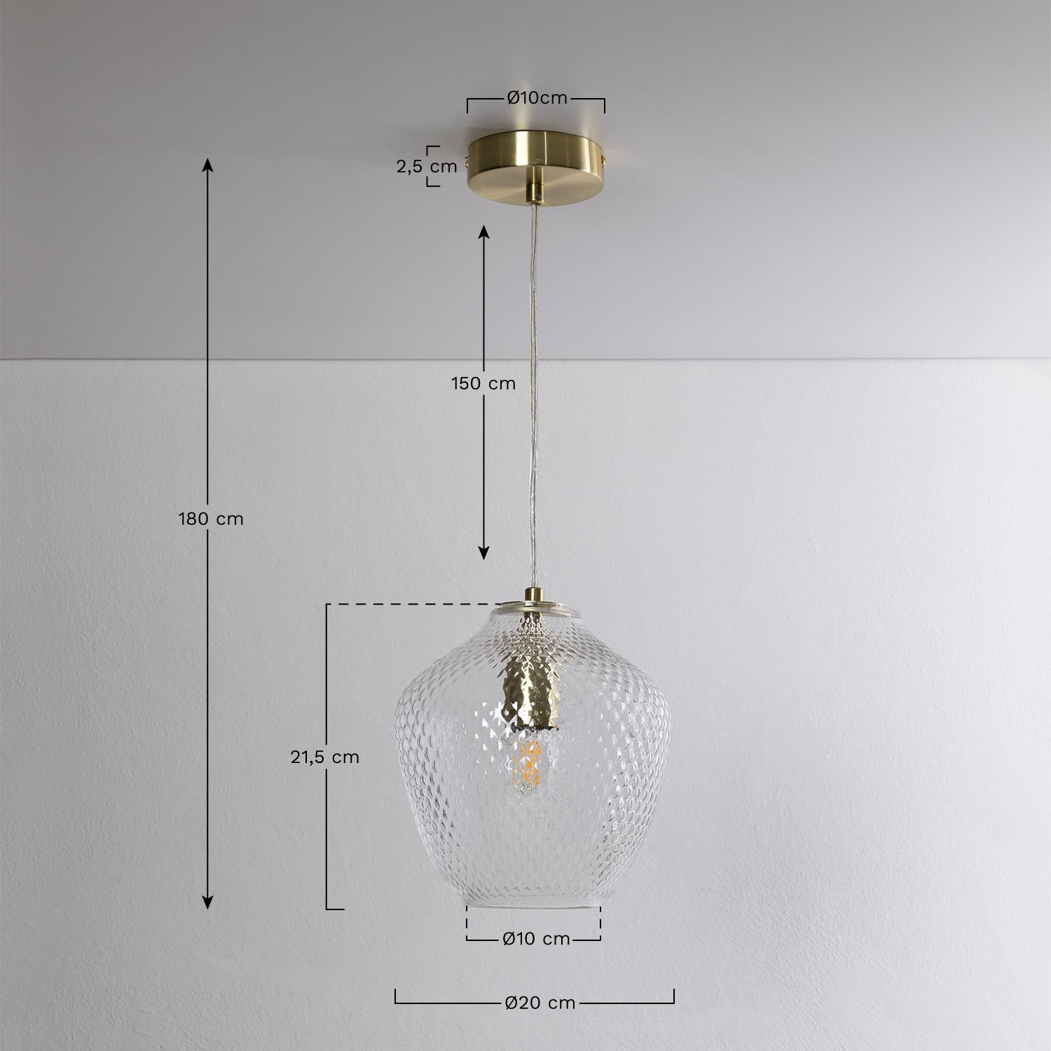 Taylor pendant ceiling lamp in iron and glass, medidas
